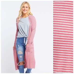 Piphany Striped Open-Front Long Cardigan Pink and Gray Stripe NWT